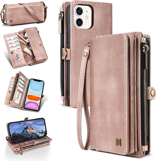 for iPhone 12&12 Pro Wallet Phone Case with 7 Card Holder,RFID Blocking | PU Leather | Kickstand | Flip | Wrist Strap&Shoulder Strap | Shockproof | Zipper Wallet | Women Men | 6.1" | Rose Gold