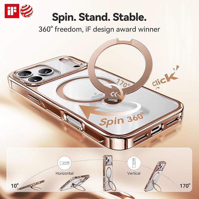 CASEKOO Rose Gold for iPhone 17 Pro Max Case with 360 Spin Magnetic Stand [Fit for MagSafe][17FT Military Protection] Slim Polished for iPhone 17 Pro Max Case with Stand 6.9'', Rose Gold