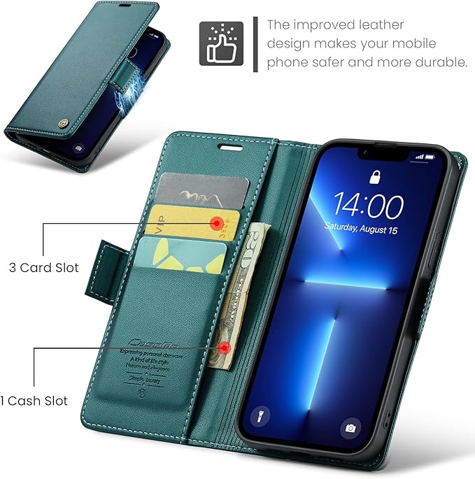 for iPhone 13 Pro Max Case, Premium PU Leather Wallet Case Flip Cover with [RFID Blocking][Card Holder][Stand Function] Shockproof Protective for iPhone 13 Pro Max, Blue-Green
