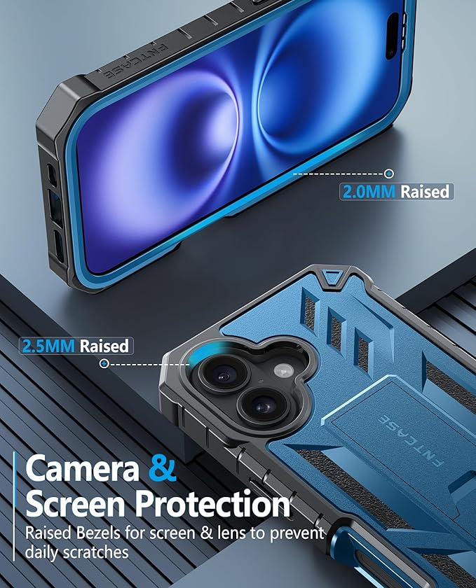 FNTCASE for iPhone 16 Phone Case: for iPhone 16 case with Kickstand Shockproof Military Grade Protective Cover - Dual Layer Full Protection Sturdy Matte Textured Drop Proof - 6.1 Inch Blue