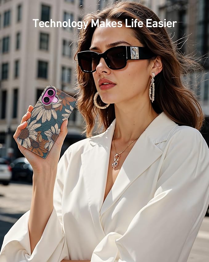 DEENAKIN for iPhone 16 Wallet Case with Card Holder + Cash Clip, RFID-Blocking, Military-Grade Drop Protection, Magnetic Closure with Leather Kickstand - Floral Daisy Pattern