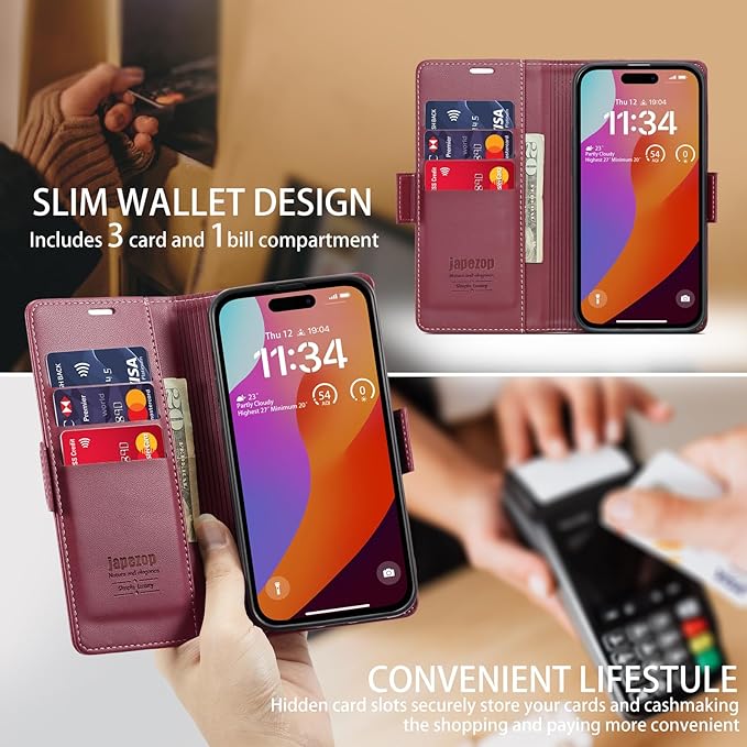 japezop iPhone 15 Pro Max 5G Wallet Case with [RFID Blocking],Card Holder Kickstand Magnetic,Leather Flip Case Wallet for iPhone 15 Pro Max 5G 6.7 (Fashion Red)