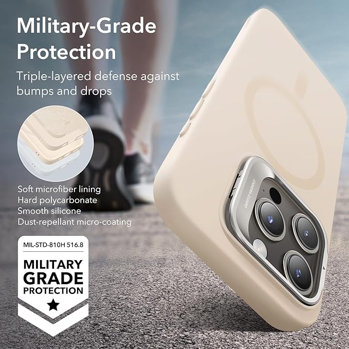 ESR for iPhone 15 Pro Case, MagSafe Silicone Case with Stand, Military-Grade Protection, Built-in Camera Stash Stand, Magnetic Phone Case for iPhone 15 Pro, Cloud Series,Light Tan
