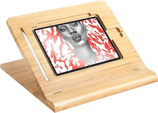 ELETIUO Tablet Desktop Stand Height Adjustable,Foldable Bamboo Drawing Ipad Holder,Multi-Angle Portable Stand Organizer,Compatible with 12.9 inch ipad pro 3rd/4th Gen