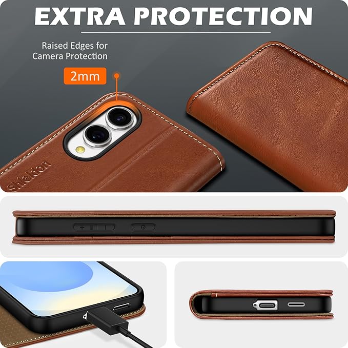 SHIELDON Case for Galaxy S25 Edge 5G, Genuine Leather Folio Wallet Magnetic Kickstand RFID Blocking Card Slots Shockproof Full Protection Cover Compatible with Galaxy S25 Edge 6.7" 2025 - Retro Brown