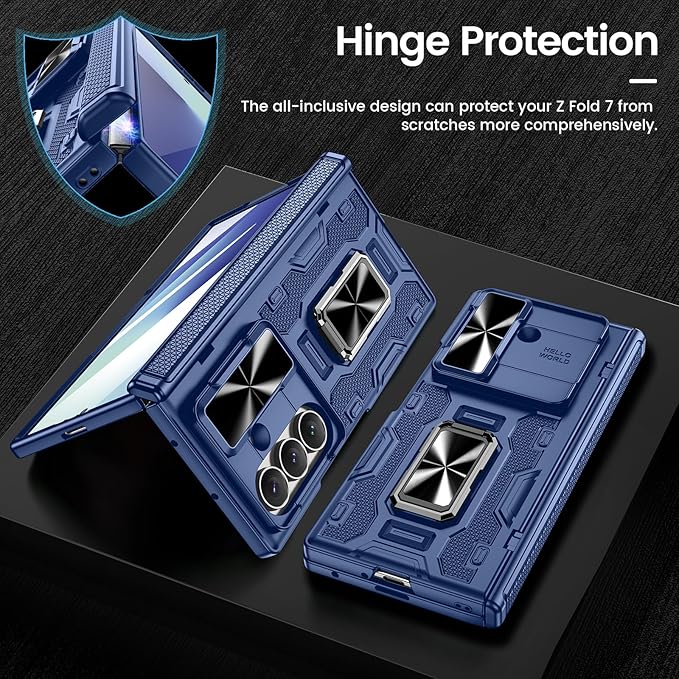 VEGO for Galaxy Z Fold 7 Case with Kickstand, Hinge Protection & Belt Clip Holster & Front Screen Protector & Slide Camera Cover Magnetic Kickstand Case for Samsung Galaxy Z Fold 7 5G - Blue