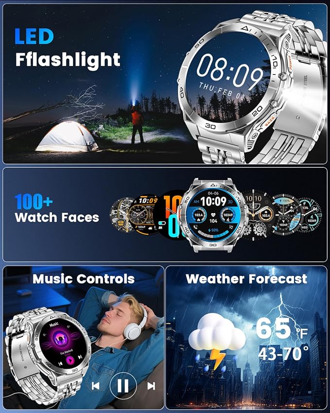 Military Smart Watch with LED Flashlight for Men, 1.6" AMOLED Bluetooth Call Watch, IP68 Waterproof Fitness Tracker with Heart Rate, SpO2, Sleep Monitor, Compatible with Android/iOS