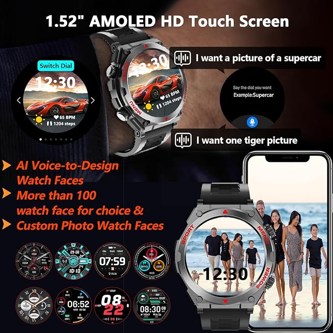 Military Smart Watch for Men With AI Q&A (Answer/Make Call/SMS Reply), 1.52" HD Smartwatch for Android Phones/iPhone, 100+ Sport Mode Fitness Tracker with HR, SpO2, Sleep Monitor, IP68 Waterproof