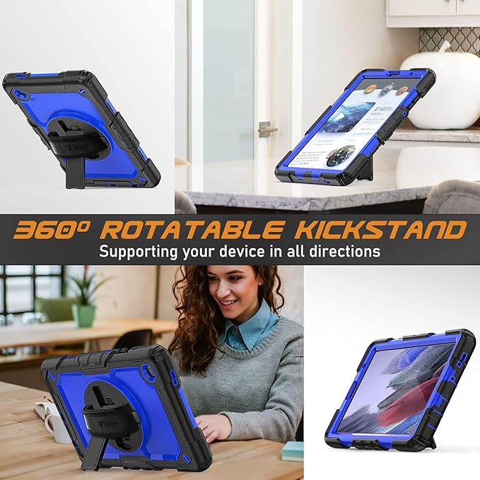 Timecity Case for Samsung Galaxy Tab A7 Lite 8.7" 2021 (SM-T220/T225/T227), Durable Sturdy Protection Case with Screen Protector, Rotating Stand, Handle Strap Case for Galaxy Tab A7 Lite- Dark Blue