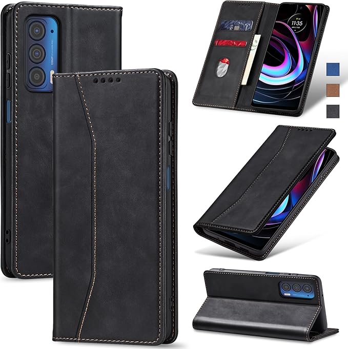 Jasonyu Flip Wallet Case for Motorola Edge 5G UW/Moto Edge (2021),Leather Magnetic Folio Cover with Card Holder,Kickstand - TPU Shockproof Durable Protective Phone Case,Black