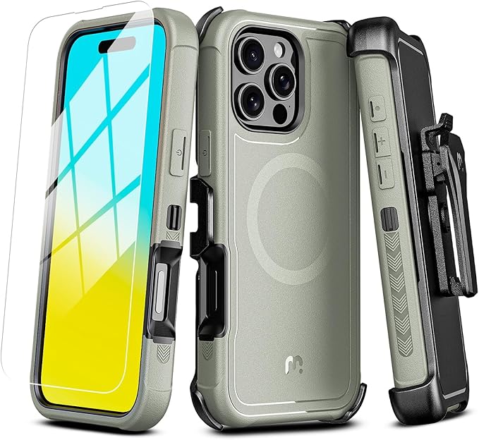 M MYBAT PRO Maverick Series for iPhone 16 Pro Max Case with Belt Clip Holster,Compatible with Magsafe w/Screen Protector,Anti-Drop,Shockproof,360°Rotating Kickstand,Heavy Duty Protection