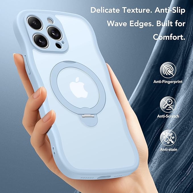for iPhone 14 Pro Max Case for Women,[Compatible with Magsafe][360° Spin Magnetic Stand][Cute Wave Edge][Military-Grade Protection]Translucent Matte Phone Case for iPhone 14 ProMax, Baby Blue