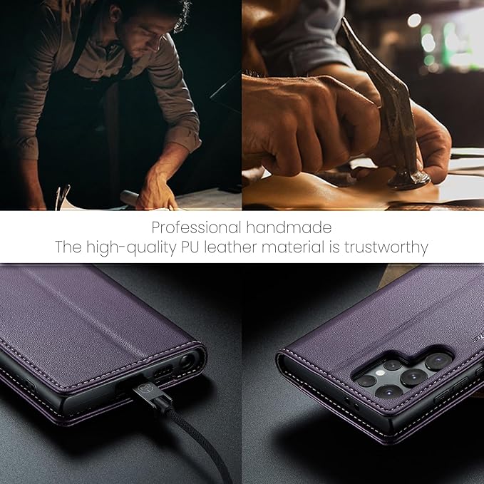 AUPAI for Samsung Galaxy S25 Ultra Wallet Case with Credit Card Holder, PU Leather RFID Blocking Folio Flip Kickstand Magnetic Clasp Protective Phone Cover for Women Men Purple