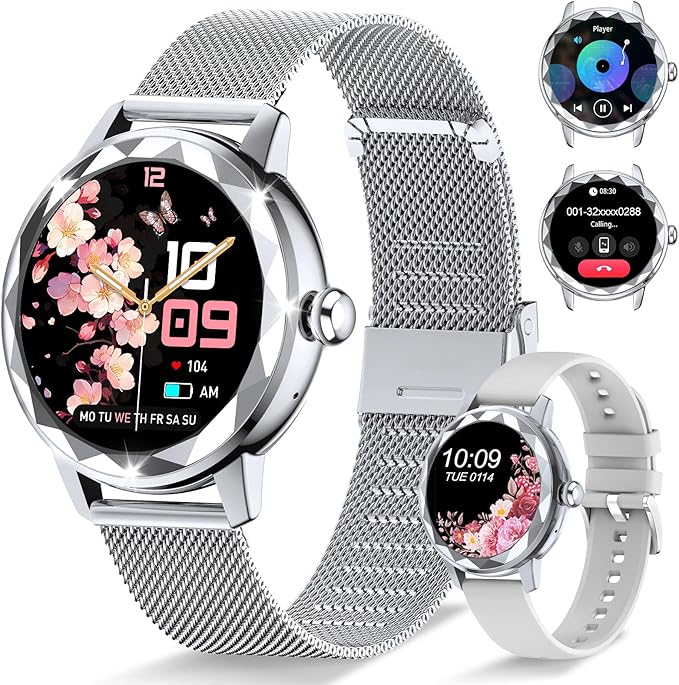 Smart Watch for Women with Make/Answer Call, 1.2" Adjustable Fitness Watch with Heart Rate Sleep Monitor Female Cycle and 100+ Sports Modes (W02-Silver)