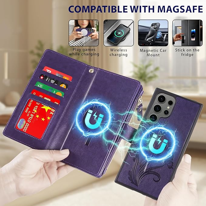 Lacass for Samsung Galaxy S24 Ultra Case Wallet,Compatible with MagSafe 2 in 1 Magnetic Detachable PU Leather RFID Blocking Wallet Cover Card Holder Zipper Wrist Strap Lanyard,Floral Purple
