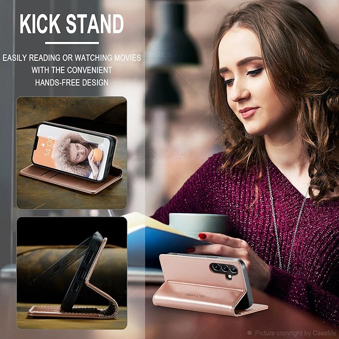 QLTYPRI Case for Samsung Galaxy S24, Vintage PU Leather Wallet Case Card Slot Kickstand Magnetic Closure Shockproof Flip Folio Case Cover for Samsung Galaxy S24 - Rose Gold