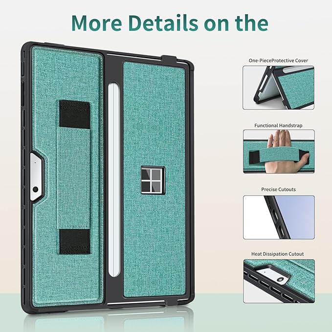 Case fit Microsoft Surface Pro 11/10/9/8 13-Inch, with Stent Cover, Hand Strap, All-in-one Rugged Case Compatible with Type Cover Keyboards, Cyan