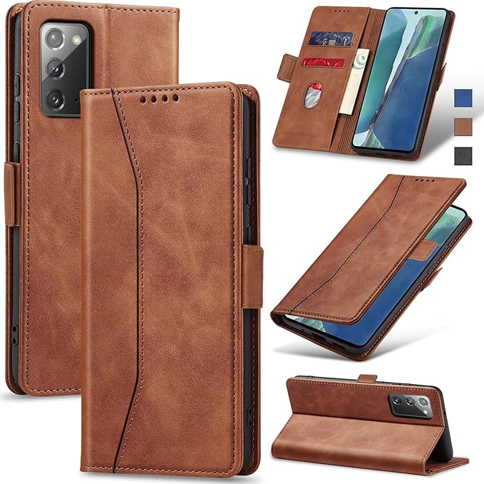 Jasonyu Flip Wallet Case for Samsung Galaxy Note 20,Leather Magnetic Folio Cover with Card Holder,Kickstand - TPU Shockproof Durable Protective Phone Case,Brown