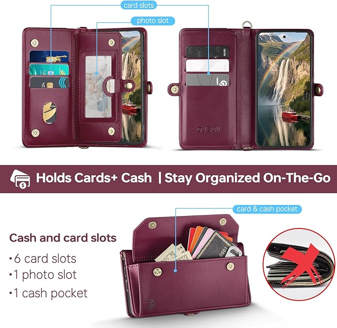 DJBull for Samsung Galaxy S25 Wallet Case with Card Holder, Shoulder and Wristlet Straps, Soft PU Leather, Magnetic Snap, Flip Phone Case for Women Men for Samsung S25 Wine Red