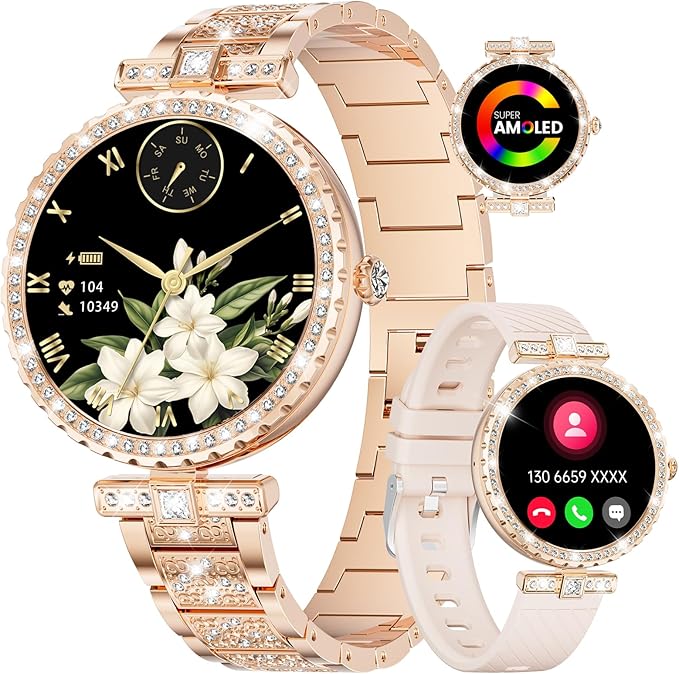 Diamond Smart Watch for Women(Buletooth Call), 1.19" AMOLED HD Display, 100+ Sports Mode Fitness Tracker Watch, 5ATM Waterproof/Pedometer/Sleep Smartwatch Women, iOS Android Smart Watches