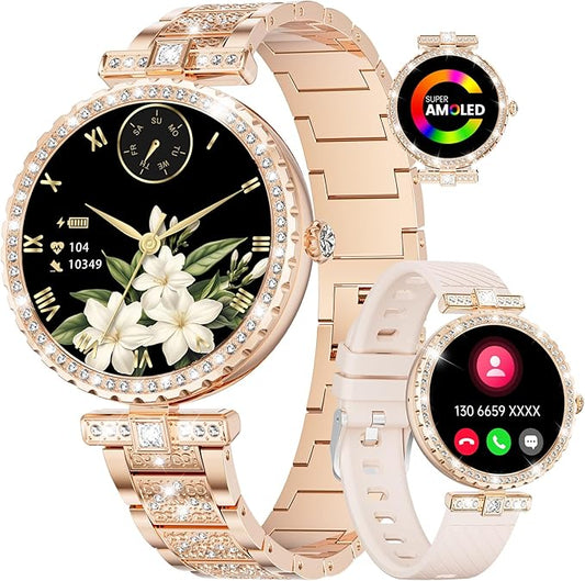 Diamond Smart Watch for Women(Buletooth Call), 1.19" AMOLED HD Display, 100+ Sports Mode Fitness Tracker Watch, 5ATM Waterproof/Pedometer/Sleep Smartwatch Women, iOS Android Smart Watches
