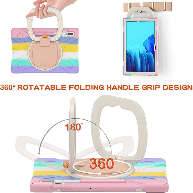 360 Rotation Portable Case for Galaxy Tab S8+/S7 FE/S7+ 12.4 Inch Case with S Pen Holder Rugged Case Rotating Stand Hand Strap Shoulder Carrying Strap Outdoor Cover (Colourful Pink)