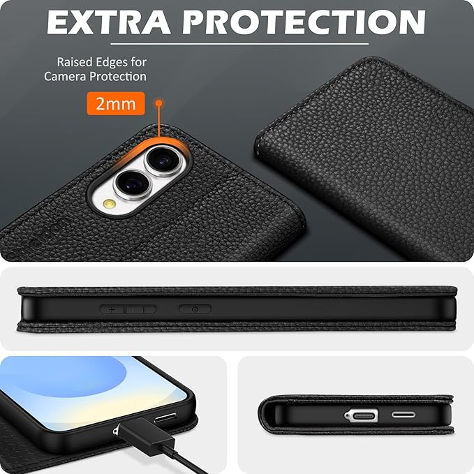 SHIELDON Case for Galaxy S25 Edge 5G, Genuine Leather Wallet Case with Kickstand RFID Blocking Credit Card Holder Magnetic Shock Absorbing Cover Compatible with Galaxy S25 Edge 6.7" - Pebbled Black