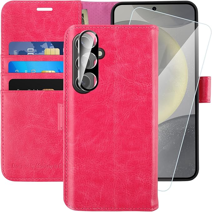 MONASAY Wallet Case Fit for Samsung Galaxy S24 5G, [Lens & Glass Screen Protector Included] [RFID Blocking] Flip Folio Leather Cell Phone Cover with Credit Card Holder, 6.2 inch, Hot-Pink