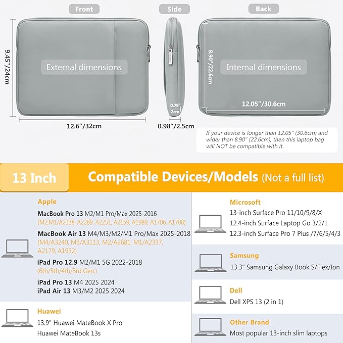 HYZUO 13 Inch Laptop Sleeve Bag Set for MacBook Air 13 M4/M3/M2/M1 2025-2018, MacBook Pro 13 M2/M1 2025-2016, iPad Pro/Air 13, XPS 13, Surface Pro, Notebook Case for 12"-13" Tablet, Rock Gray
