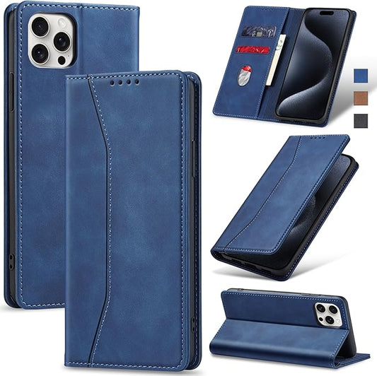 Jasonyu Flip Wallet Case for iPhone 15 Pro,Leather Magnetic Folio Cover with Card Holder,Kickstand - TPU Shockproof Durable Protective Phone Case,Blue