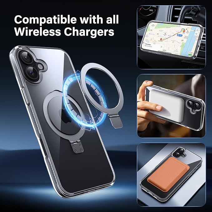 Magnetic Case for iPhone 16 - [Built-in Invisible Stand] [Compatible with MagSafe] [Military Grade Drop Protection] Anti-Yellowing Hard Back Silicone Edge Cover, 6.1", Clear
