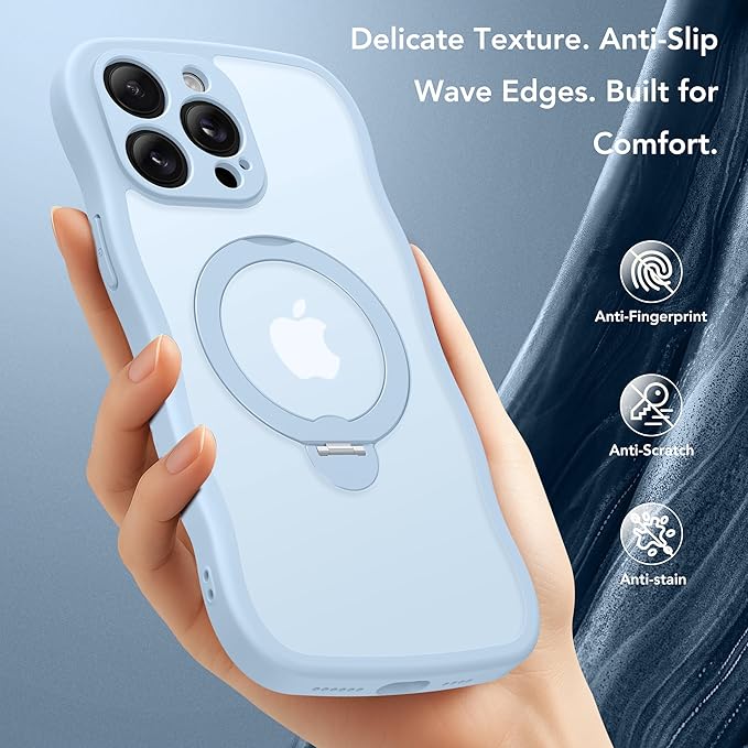GolbinBox for iPhone 15 Pro Case,[Compatible with Magsafe][360°Magnetic Stand][Cute Wave Edge][18ft Military-Grade Protection] Translucent Matte Phone Women Case for iPhone 15 Pro, Baby Blue