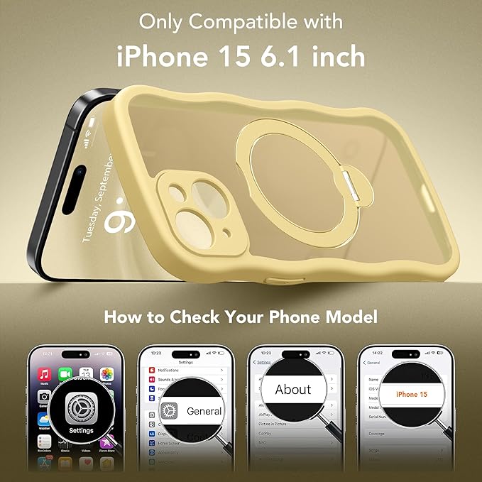 GolbinBox for iPhone 15 Case for Women,[Compatible with Magsafe][360° Spin Magnetic Stand][Cute Wave Edge][Military-Grade Protection] Translucent Matte Phone Case for iPhone 15, Jasmine Yellow