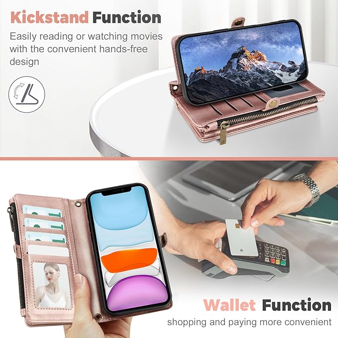 for iPhone 11 Wallet Phone Case with 7 Card Holder,RFID Blocking | PU Leather | Kickstand | Flip | Wrist Strap&Shoulder Strap | Shockproof | Zipper Wallet | Women Men | 6.1" | Rose Gold