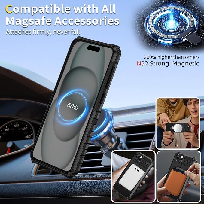 for iPhone 15 Case Magnetic Compatible with MagSafe Wireless Charging,with 2 Screen Protectors,Built-in Kickstand Ring,Shockproof Shock-Absorbent Scratch Resistant Heavy Duty Protection Black