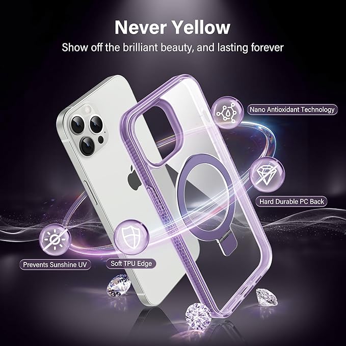 Magnetic Case for iPhone 14 Pro Max - [Built-in Invisible Stand] [Compatible with MagSafe] [Military Grade Drop Protection] Anti-Yellowing Hard Back Silicone Edge Cover, 6.7", Clear Purple