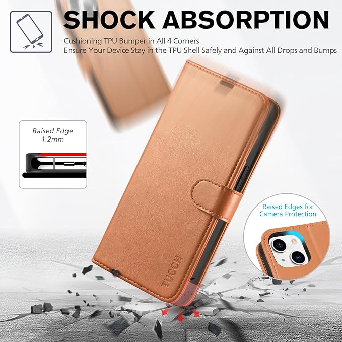 TUCCH Wallet Case for iPhone 14 6.1", [RFID Blocking] [4 Card Slot] Kickstand [Shockproof TPU Interior Case], PU Leather Magnetic Flip Cover Compatible with iPhone 14 6.1 2022, Light Brown