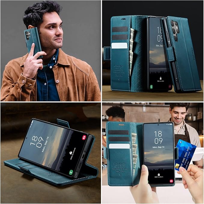 Wallet Case for Samsung Galaxy S23 Ultra Leather Wallet Flip Cover with Card Holder, Kickstand, Magnetic Closure, RFID Blocking TPU Shockproof Phone Case Compatible with S23 Ultra,Blue-Green