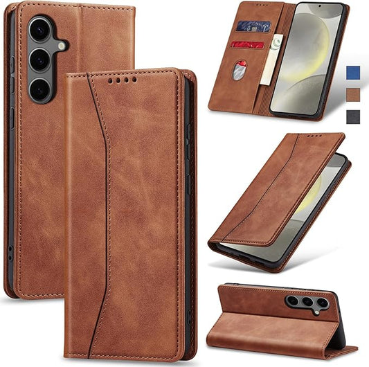 Jasonyu Flip Wallet Case for Samsung S24 Plus/S24+ 5G,Leather Magnetic Folio Cover with Card Holder,Kickstand - TPU Shockproof Durable Protective Phone Case,Brown