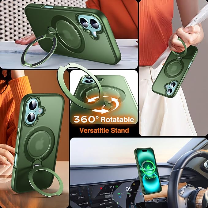 360° O-Ring MagStander for iPhone 16 Case with Magnetic Kickstand Ring Holder [Compatible with MagSafe][360°Rotate Stand Ring][Military Shockproof] Magnet iPhone 16 Phone Cover Matte Green