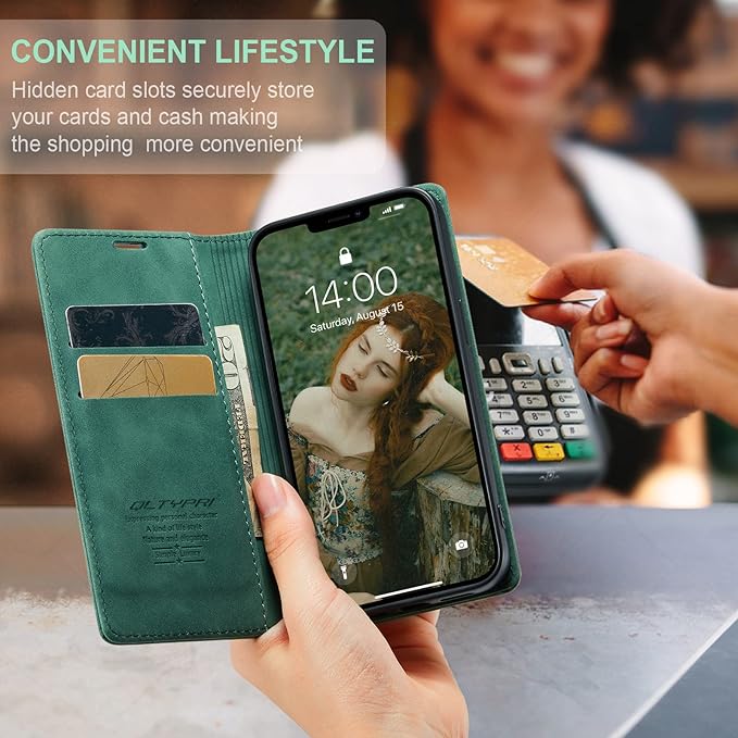 QLTYPRI Case for iPhone 14, Vintage PU Leather Wallet Case Card Slot Kickstand Magnetic Closure Shockproof Flip Folio Book Case Cover for iPhone 14(6.1 inch) - Dark Green