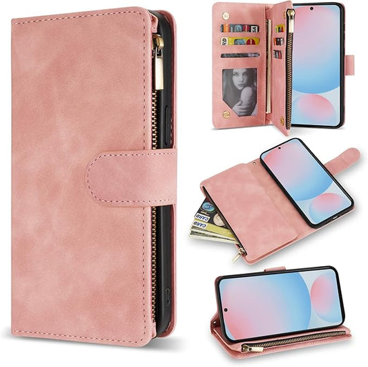ZZXX for Samsung Galaxy S24 FE Wallet Case with RFID Blocking Card Slot PU Leather Zipper Flip Folio with Strap Kickstand Protective Cover for Samsung Galaxy S24 FE Case Wallet(Pink-6.7 inch)