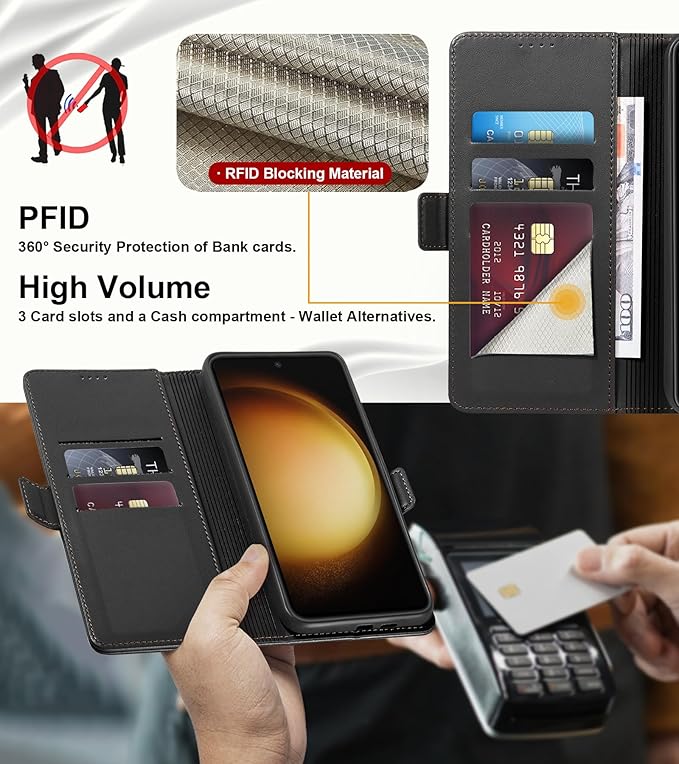 Wallet Flip Case for Samsung Galaxy S23 5G - [RFID Blocking] Luxury PU Leather Card Holder Magnetic Phone Cover with Kickstand,Shockproof Protective Case,Black