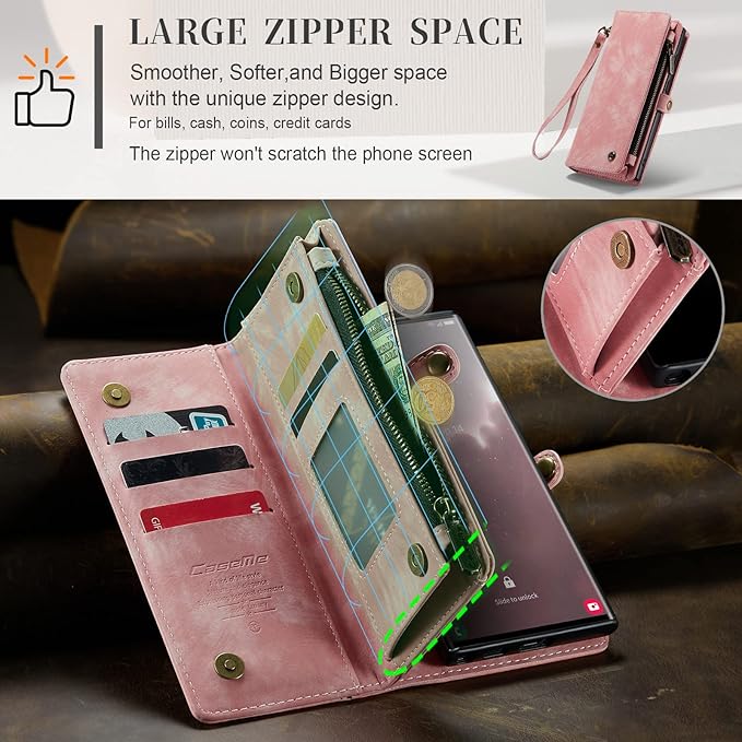 SZHAIYU 2 in 1 Detachable for Samsung Galaxy S23 Ultra Wallet Case with Card Holder, Retro Premium Flip Leather Cover Magnetic Zipper Pocket Phone Cases 6.8'' (Pink,S23 Ultra)