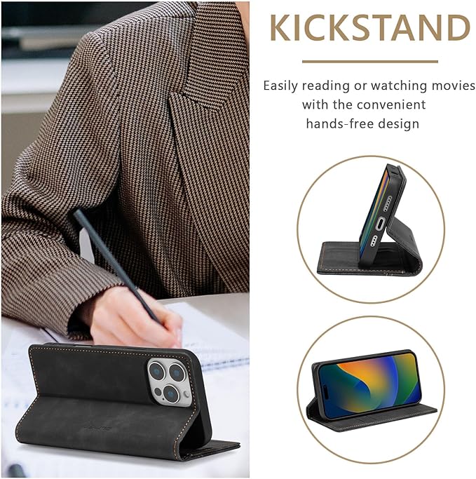 QLTYPRI for iPhone 16 Pro Max Case Wallet with Card Holder, Vintage PU Leather Kickstand Magnetic Closure Shockproof Folio Book Cover Case for iPhone 16 Pro Max - Retro Black