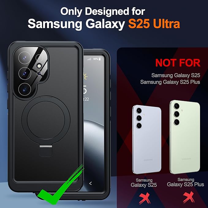 Magnetic & Stand for Samsung Galaxy S25 Ultra Case Waterproof[Built-in Screen Protector][Fit for Magsafe][Invisible Kickstand] 360° Full Body Sealed Protective Dustproof Shockproof Case Black