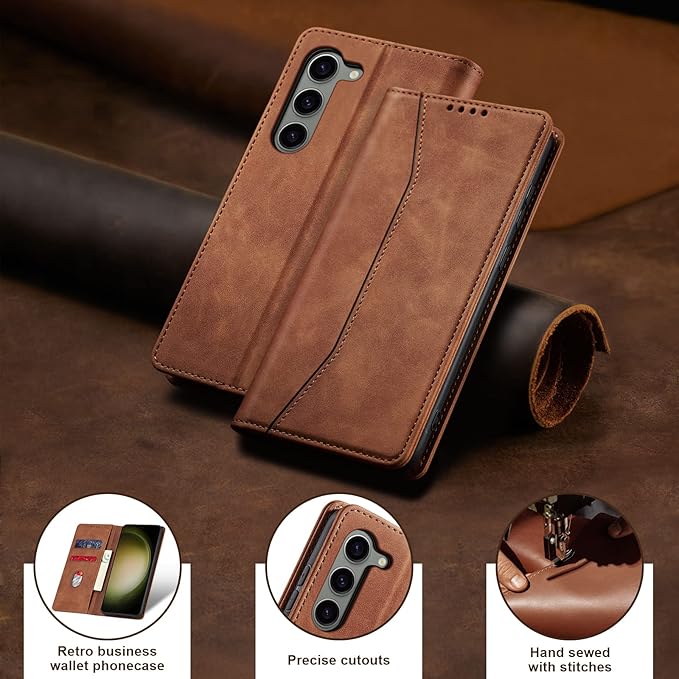 Jasonyu Flip Wallet Case for Samsung Galaxy S23 5G,Leather Magnetic Folio Cover with Card Holder,Kickstand - TPU Shockproof Durable Protective Phone Case,Brown