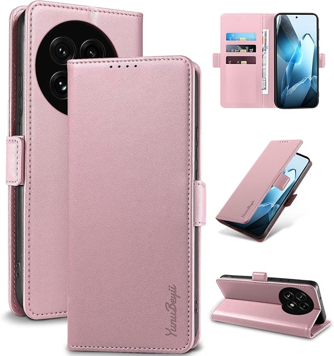 Wallet Flip Case for OnePlus 13 5G - [RFID Blocking] Luxury PU Leather Card Holder Magnetic Phone Cover with Kickstand,Shockproof Protective Case,Pink