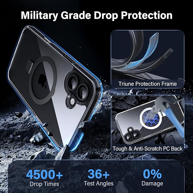 Magnetic Case for iPhone 16 - [Built-in Invisible Stand] [Compatible with MagSafe] [Military Grade Drop Protection] Anti-Yellowing Hard Back Silicone Edge Cover, 6.1", Clear Black