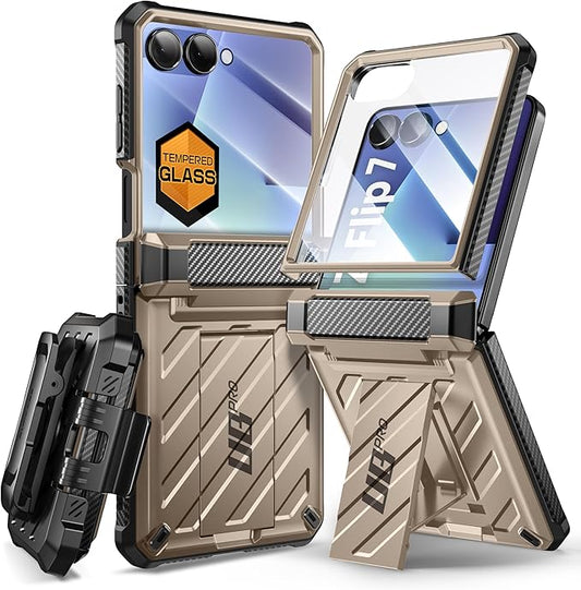 SUPCASE for Samsung Galaxy Z Flip 7 Case with Built-in Stand & Belt-Clip (Unicorn Beetle Pro), [Hinge Protection] [Front Tempered Glass Screen Protector] Full Body Military-Grade Phone Cover, Desert